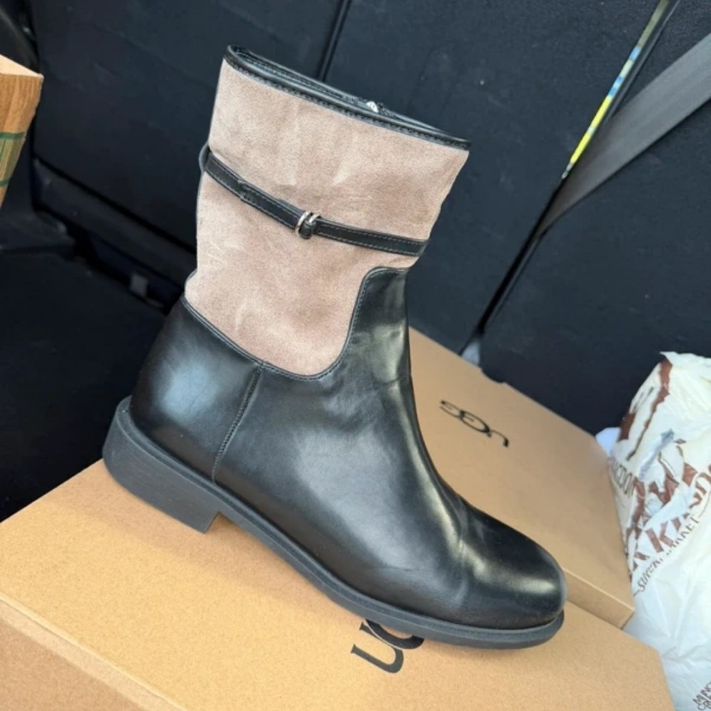 Two-Tone Black Leather and Taupe Suede Mid-Calf Heeled Boot